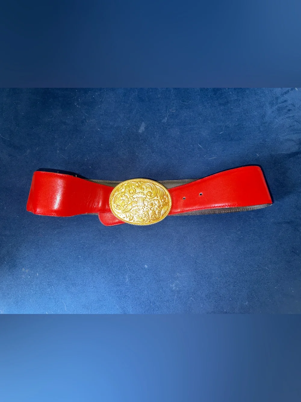 Celine Red Leather Belt with Ornate Gold Oval Buckle
